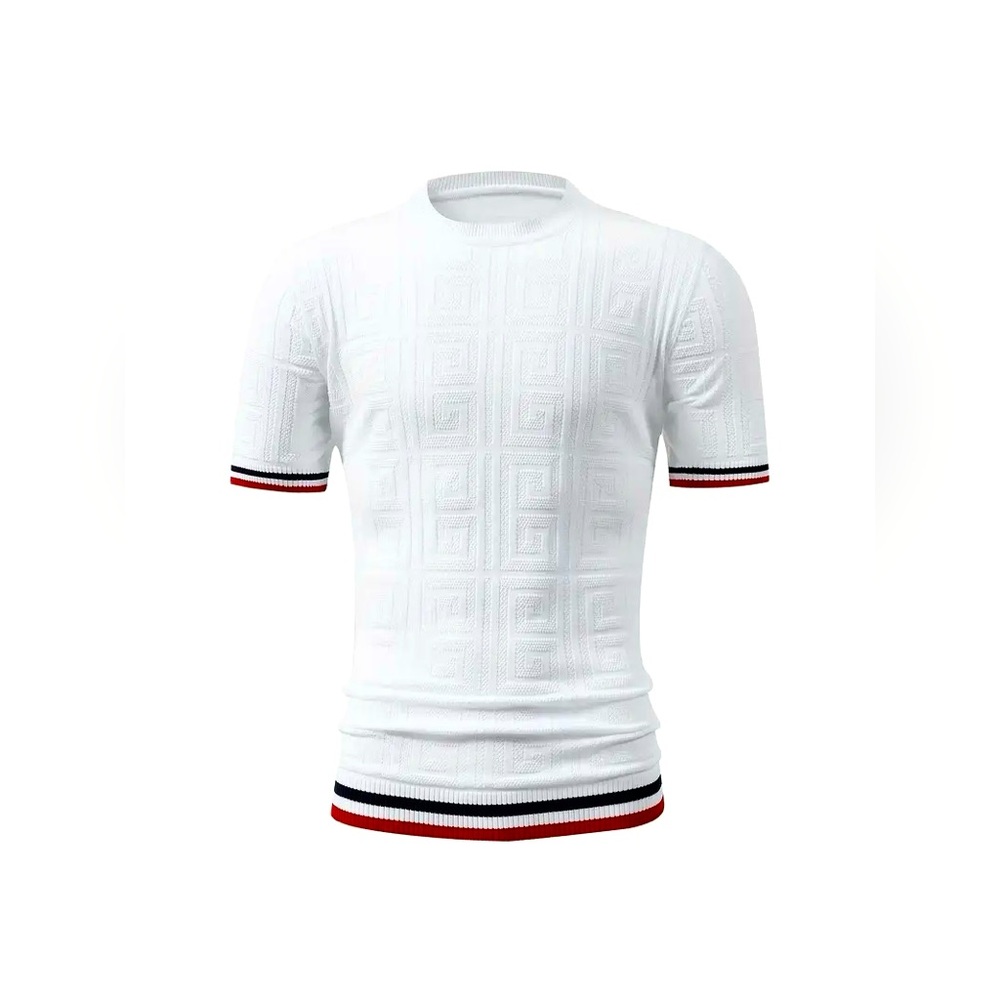 short sleeve knit top — textured with contrasting stripes